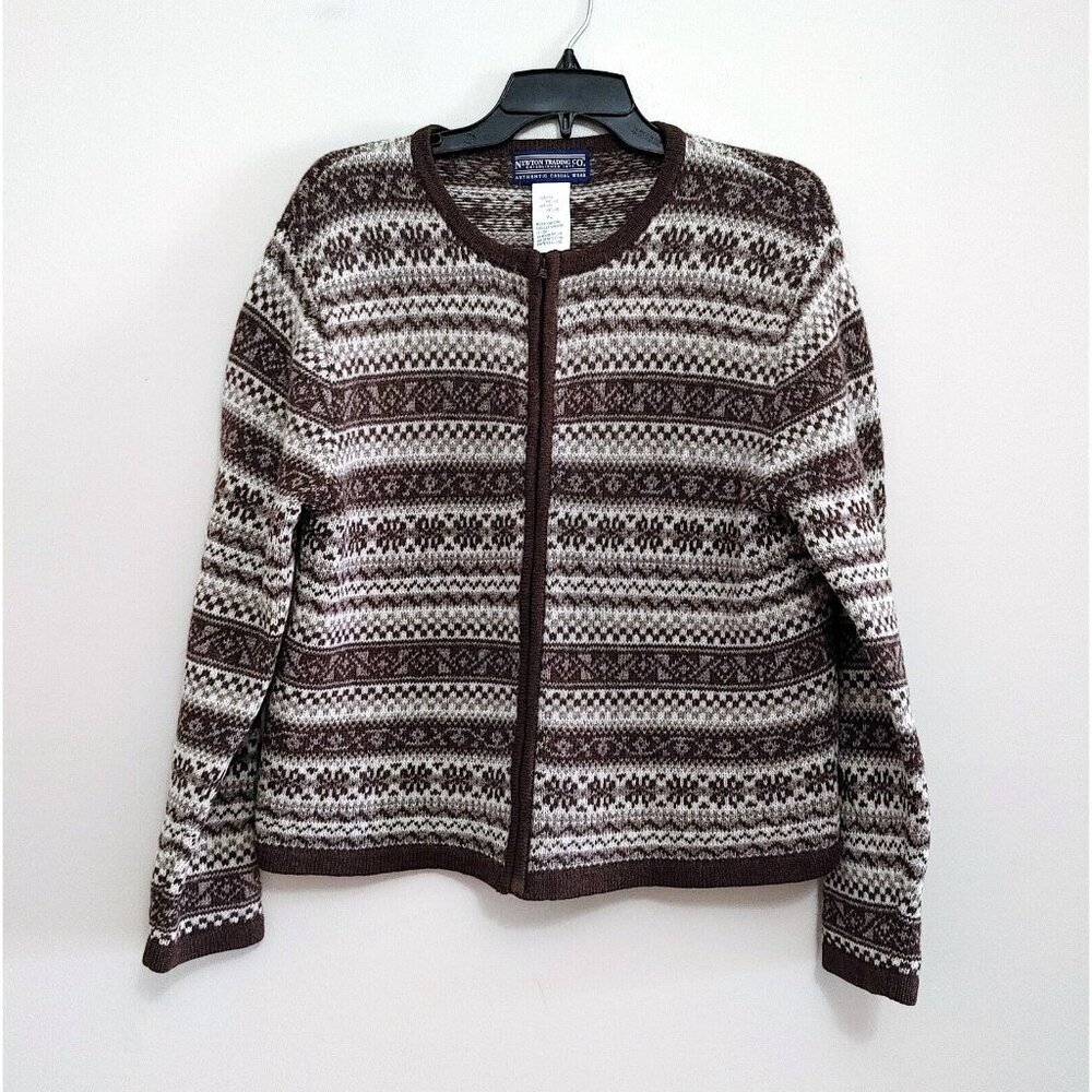 Newton Trading Co. Wool Sweater Women's  Full Zip Size XL Brown Grannycore